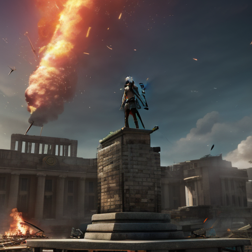 Katniss, atop a makeshift podium in the heart of Panem, the smoky ruins giving way to rebuilding efforts, her face resolute as she addresses a sea of hopeful faces, the first rays of a new dawn illuminating her as the symbol of a restored nation.